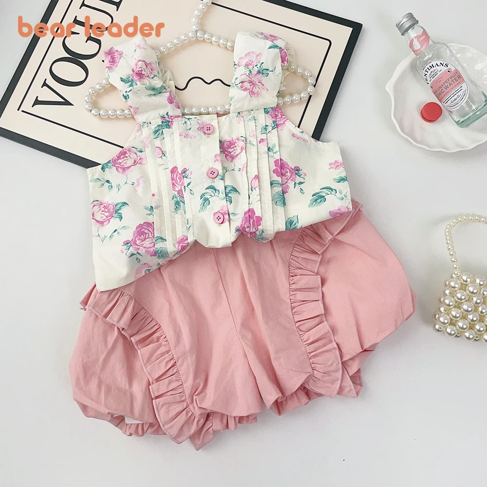 Bear Leader 2024 Summer New Girls' Suit Casual Girls' Square Collar Printed Vest + Ruffled Shorts 2-piece Girls' Fashion Suit