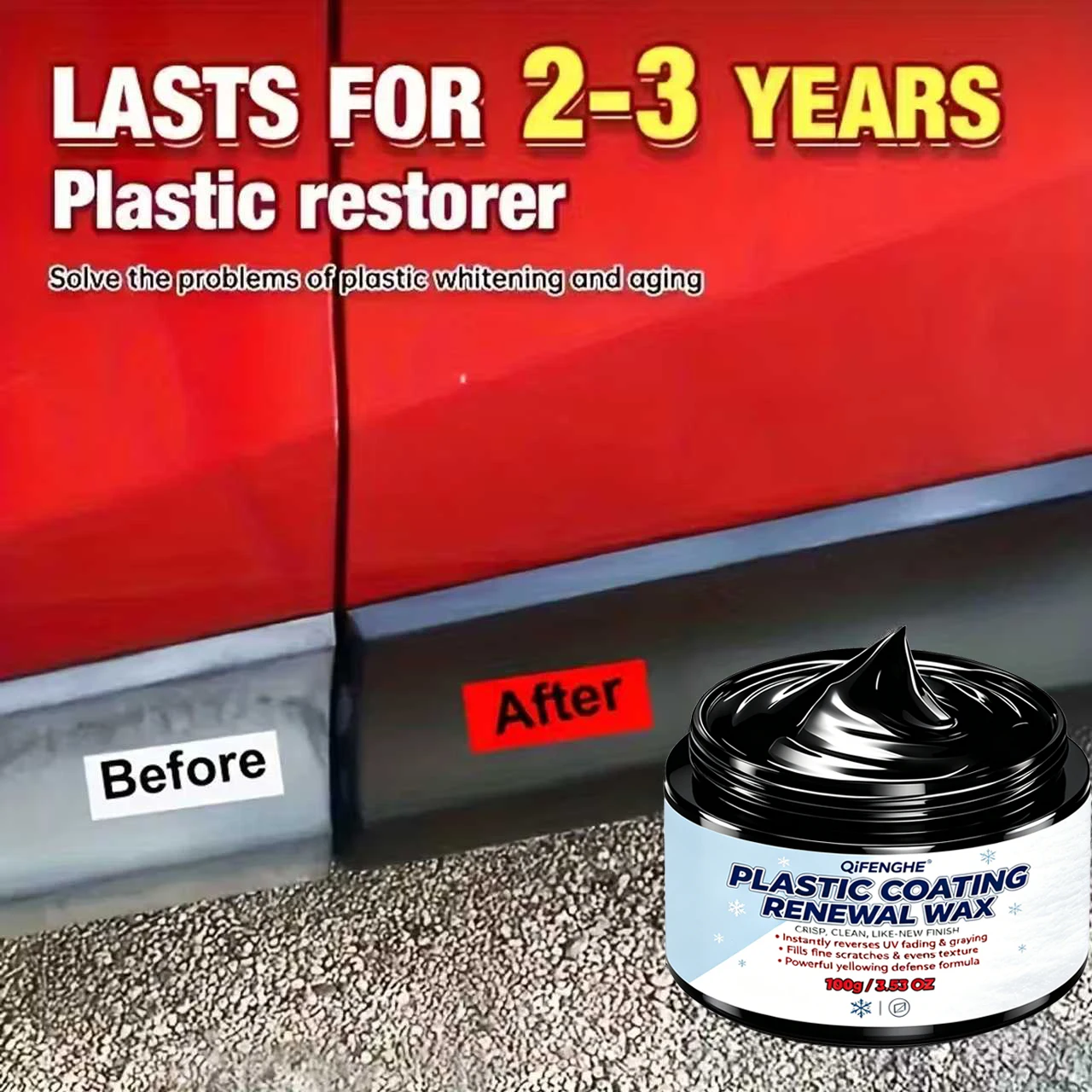 Jet Black in 1 Wipe | QIFENGHE Plastic Restorer Wax 100g, Instantly Renews Faded Trim & Bumper, Mirror Gloss for Dashboard