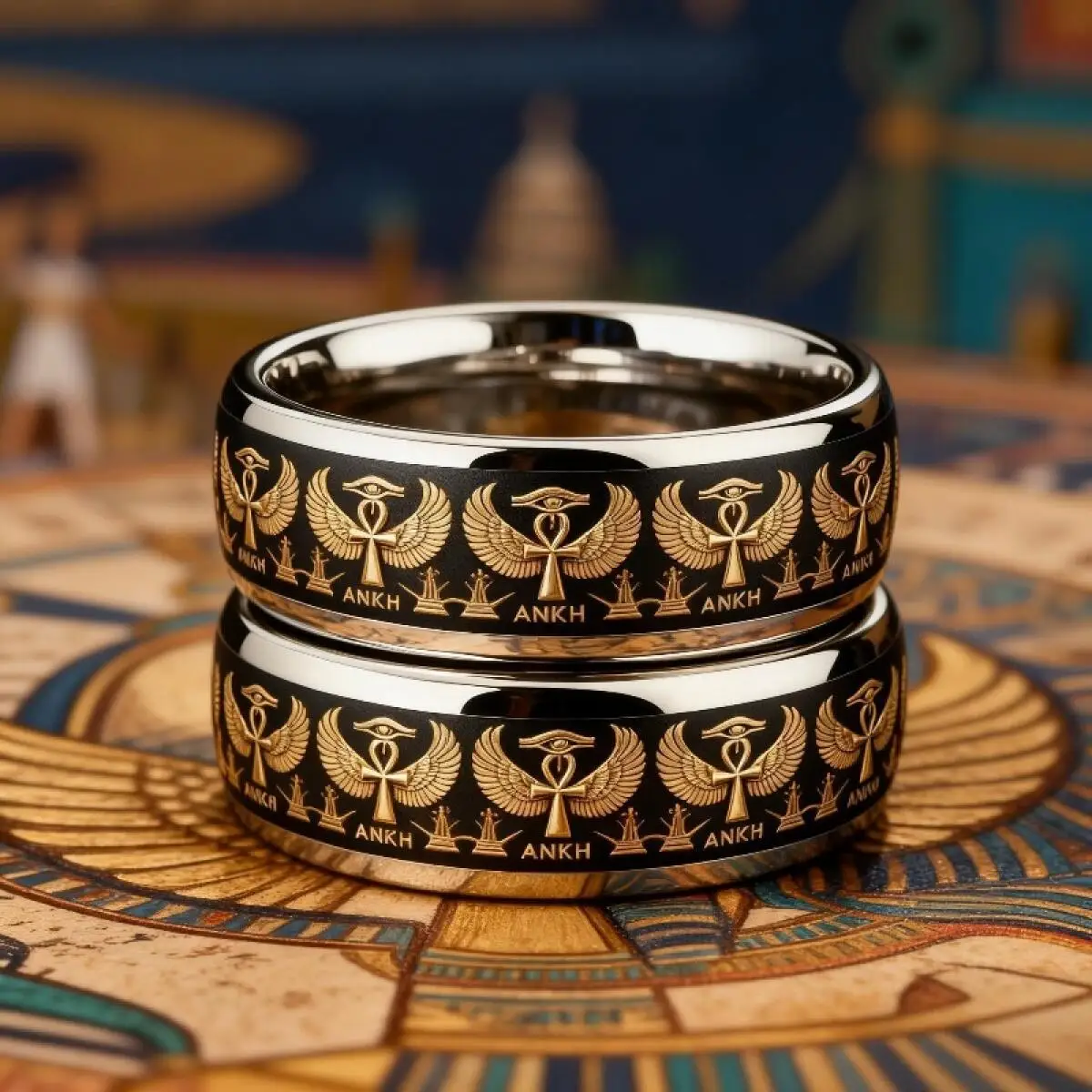 Vintage Stainless Steel Ankh Cross Ring Ancient Egyptian Eye of Horus Ra Ring Egypt Symbol Rings for Men Women Amulet Jewelry