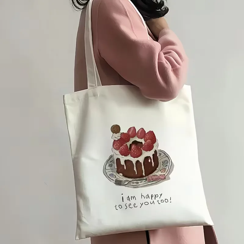Sweet Red Strawberry Bowl Canvas Tote Bag Fruit Print Reusable Shoulder Handbag For Teen Girls Daily Shopping School