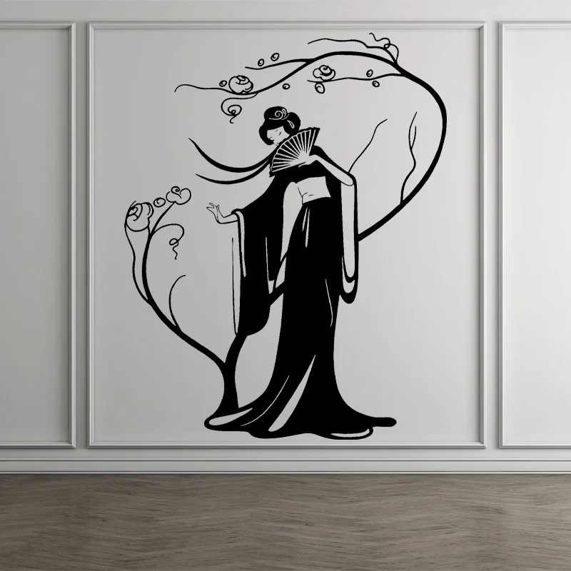 Geisha Japanese Woman Vinyl Wall Decal Fan Sakura Tree Stickers Home Decoration for Living Room Bedroom Decor Wallpaper Q046