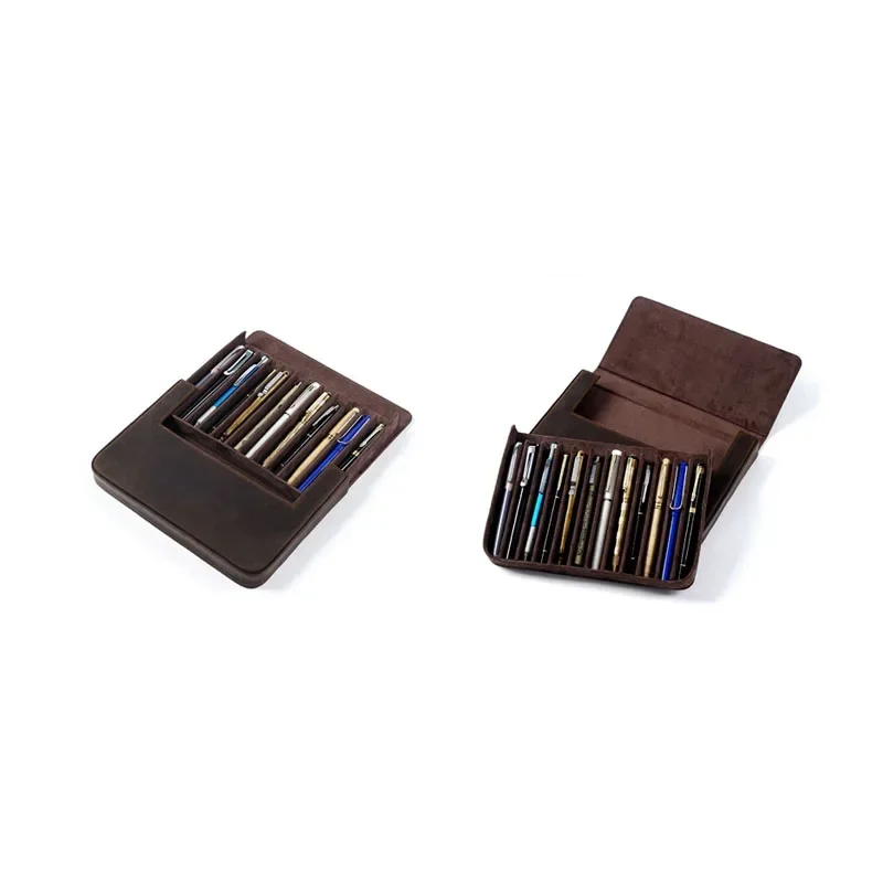 Fromthenon Vintage Crazy Horse Cowhide Pencil Bag Pen Box Magnetic Drawer Type Student Pen Storage Box Stationery Supplies