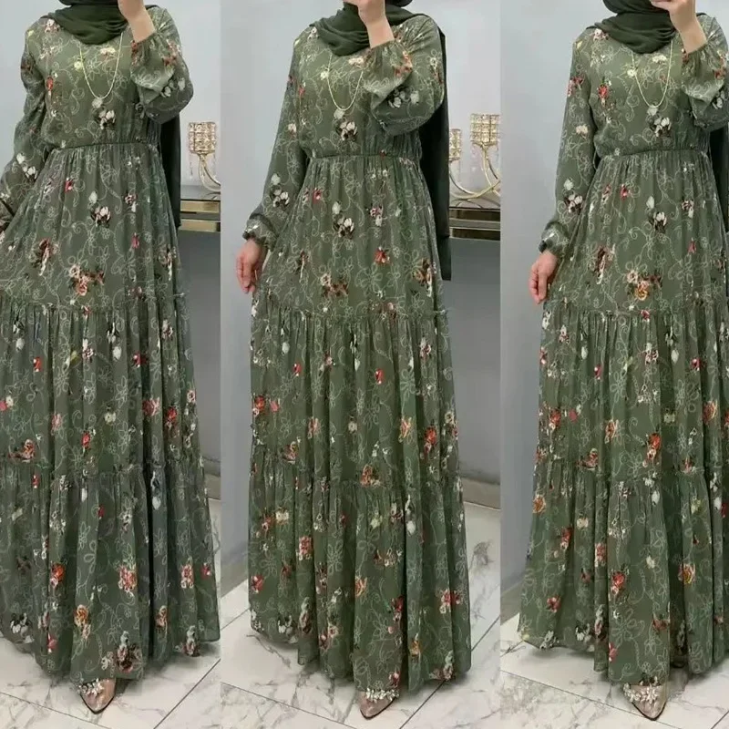 Mulheres Gola Alta Flores Kaftan, Eid, Vestidos Muçulmanos, Dubai, Árabe, Islamismo, Abayas, Marrocos, Manto Longo Casual, Cinto