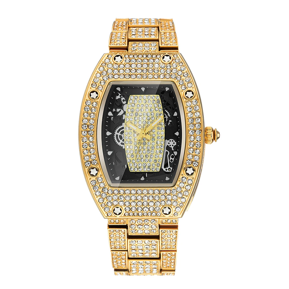 Fashion Gold Men Watches Top Brand Luxury Diamond Wristwatches Unusual 51mm Skeleton Tonneau Watch Perfect Male Gift Hot Sale