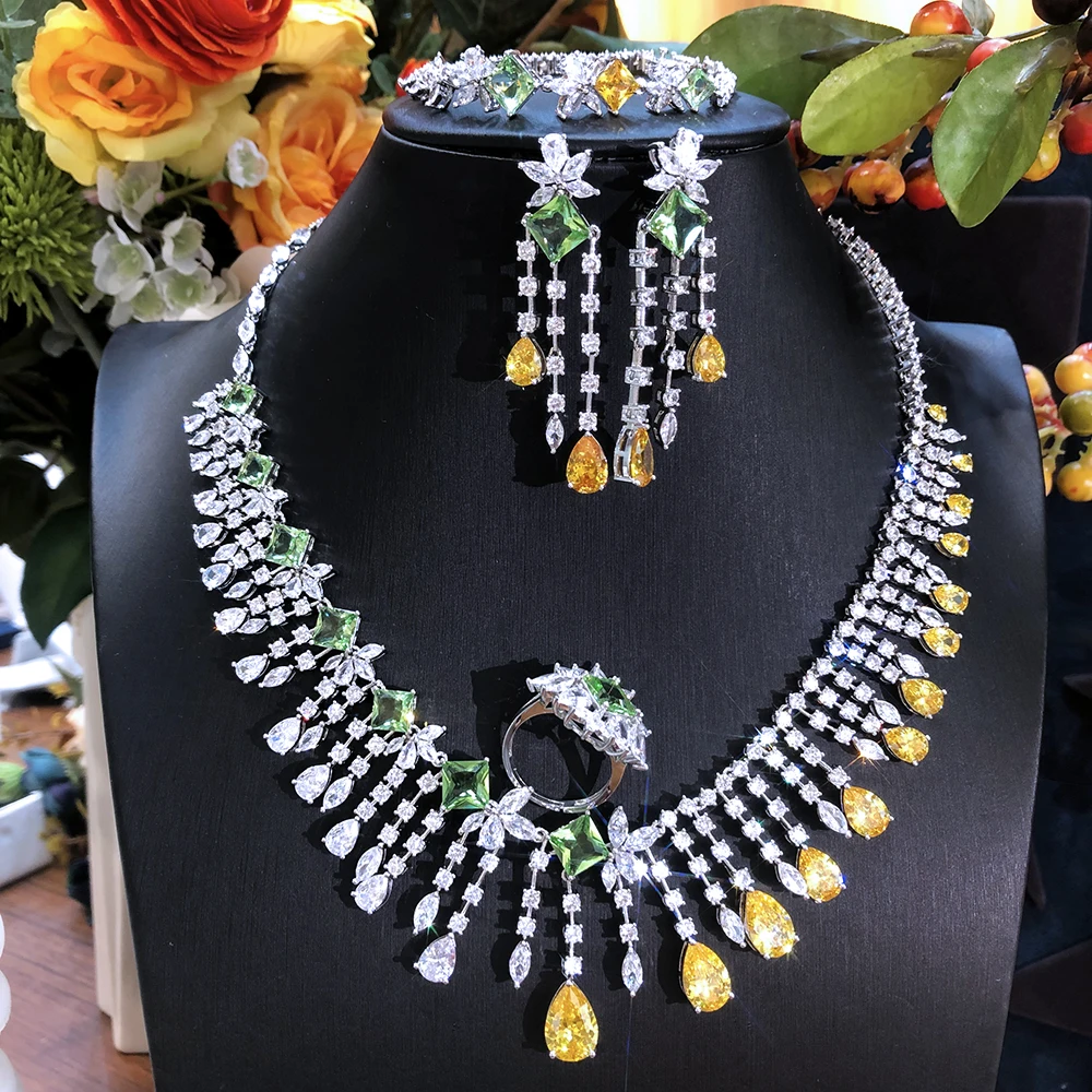 Siscathy Elegant Luxury Bride Necklace Wedding Party Dress Jewelry Set For Women Full Cubic Zircon Collars Bracelets Earring