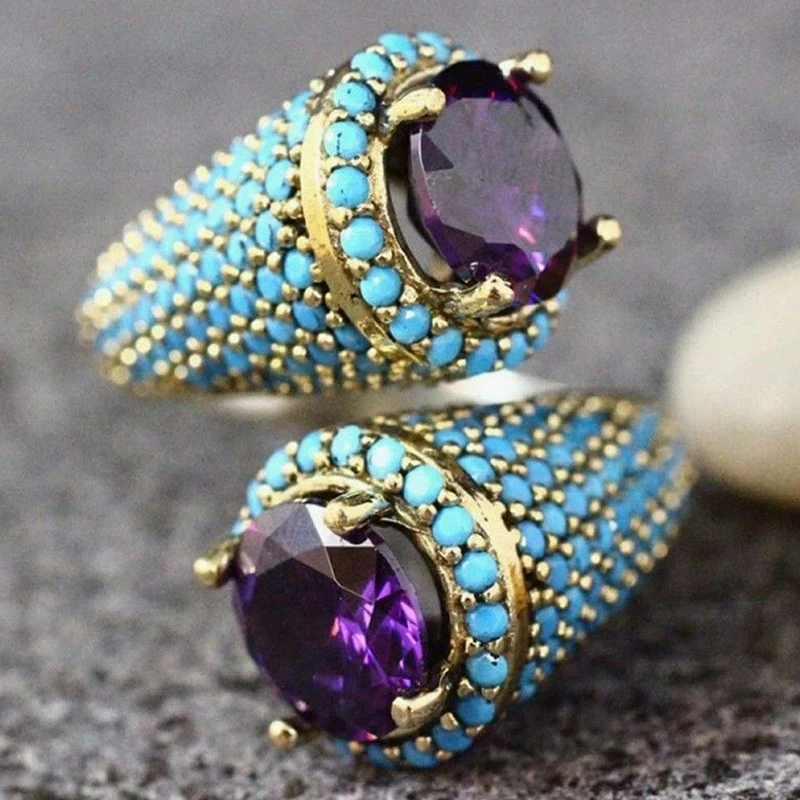 Huitan Bohemia Blaue Türkisringe für Frauen Luxuriöse Charmante Lila Kubische Zirkonia Goldfarbene Ringe Täglicher Party-Schmuck Geschenk