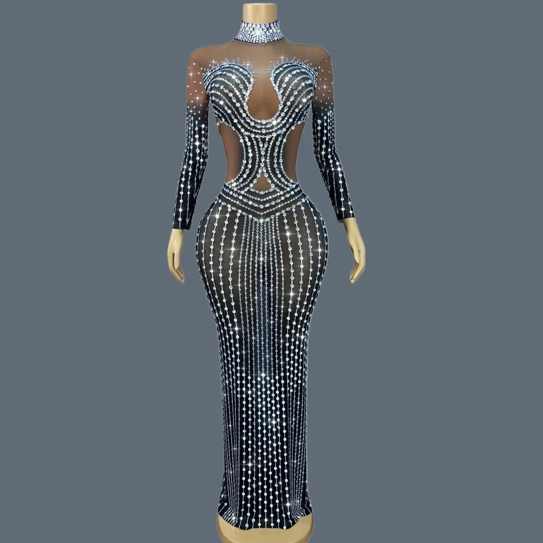 

Black Silver Rhinestone Sheer Mesh Mermaid Dress Women Long Sleeve Celebrate Party Stage Performance Evening Gown Kaochuanqun