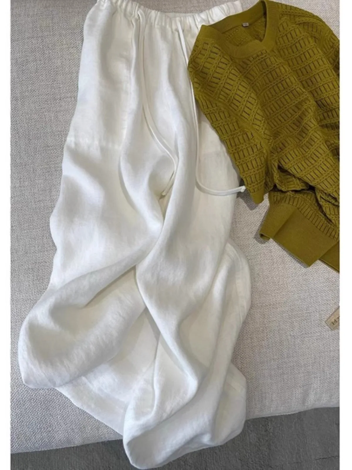 화이트 코튼 린넨 바지 여성 여름 얇은 스타일 하이 웨이스트 스트레이트 레그 캐주얼 바지 리넨 벨 바닥 자외선 차단 