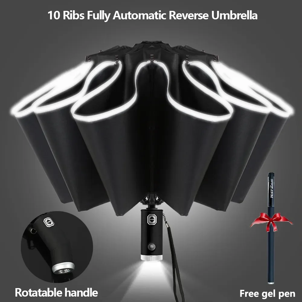 Fully Automatic UV Umbrella With LED Flashlight Reflective Stripe Reverse Large Umbrellas For Rain Sun Heat Insulation Parasol