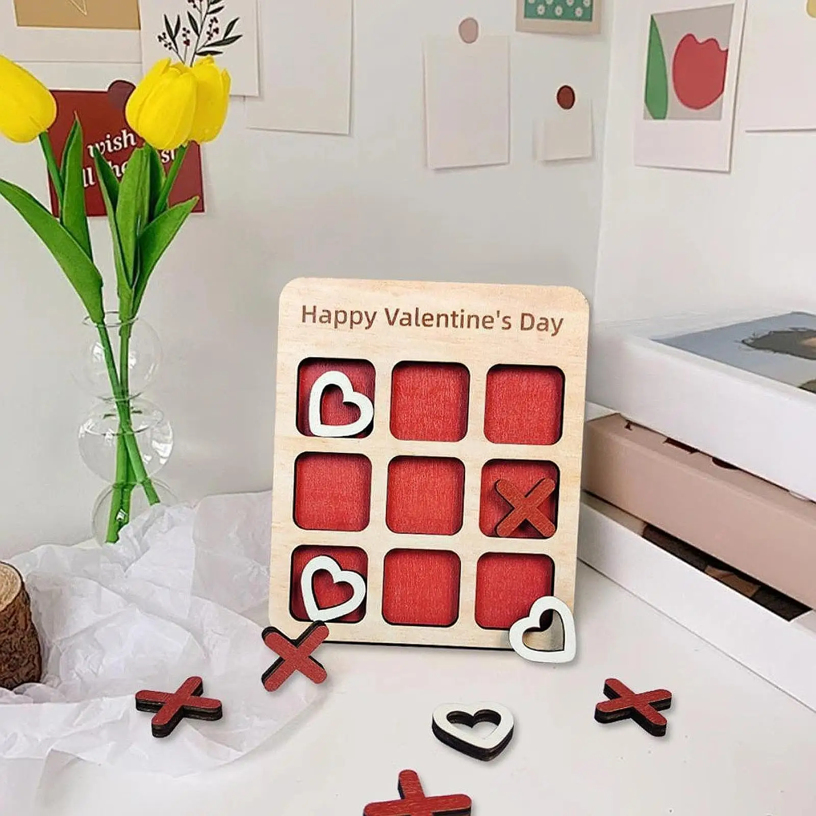 Wooden Tic TAC Toe Game Valentines Day Gift Parent Child Interaction Game Travel Coffee Table Game for Adults Family Children