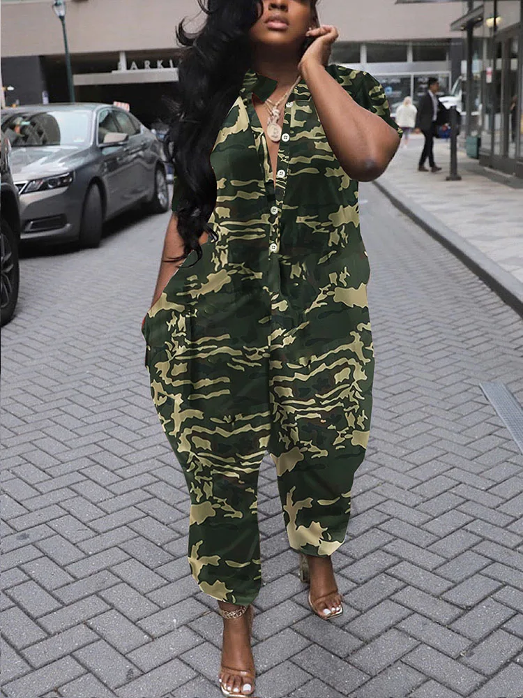 Streetwear Loose Casual Print Jumpsuit Women Overalls Short Sleeve Pockets Single Breasted One Piece Romper Mono Completo Mujer
