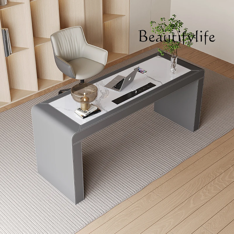 

Modern Minimalist Slate Desk Home Study Solid Wood Desk Premium Saddle Leather Computer Desk