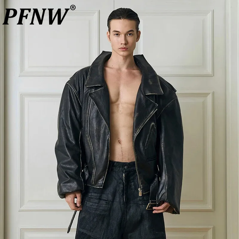 PFNW Multi-layer Cotton Process Washed Deconstructed Old Silhouette Biker PU Leather Jacket Men's High-quality Rub Color Coat