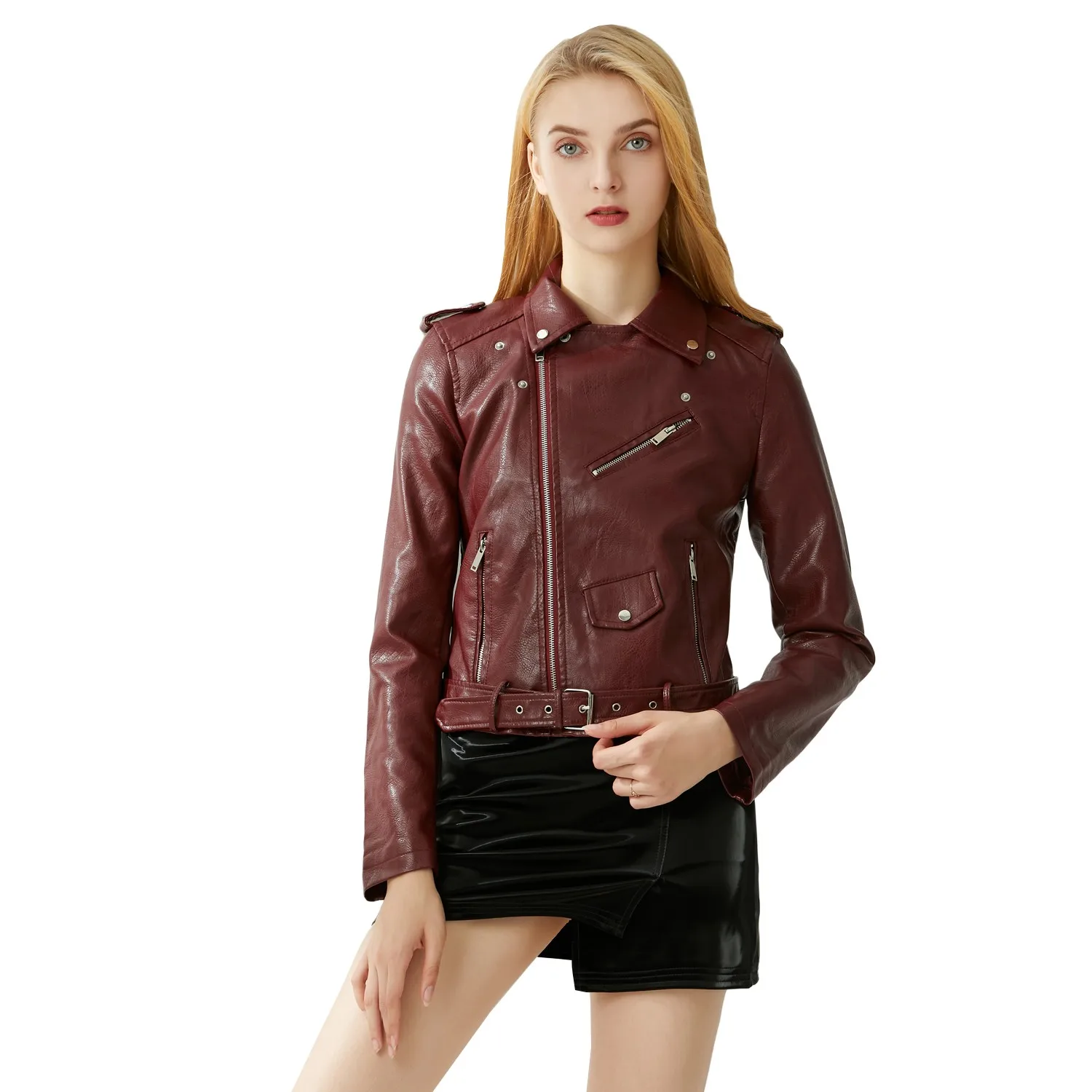 Spring Autumn Faux Leather Jacket Women Black Pu Leather Biker Jackets Short Motor Leather Coat Punk Lady Jacket With Belt