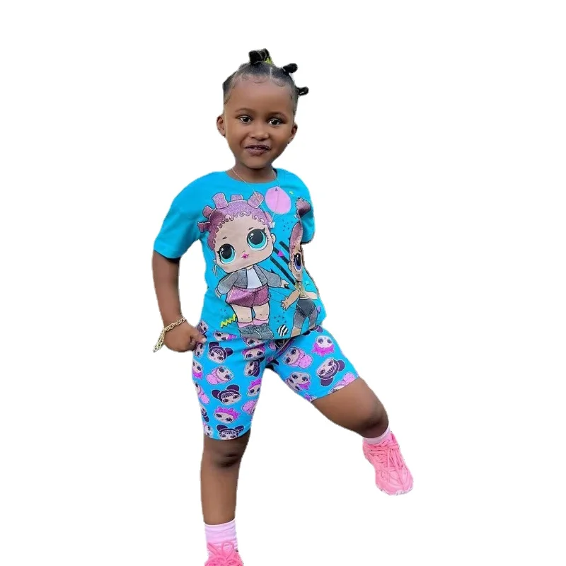 1-8years Summer Girls Cartoon Print Short Sleeve Pullover Top + Shorts 2 Pieces Set Casual Children Clothes For Toddler Girl