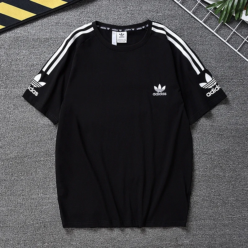 Adidas 2025 White Stripe T-shirts Summer Short Sleeve Round Nest Fashion Breathable Men Women Casual Shirt Top M-5XL image 3