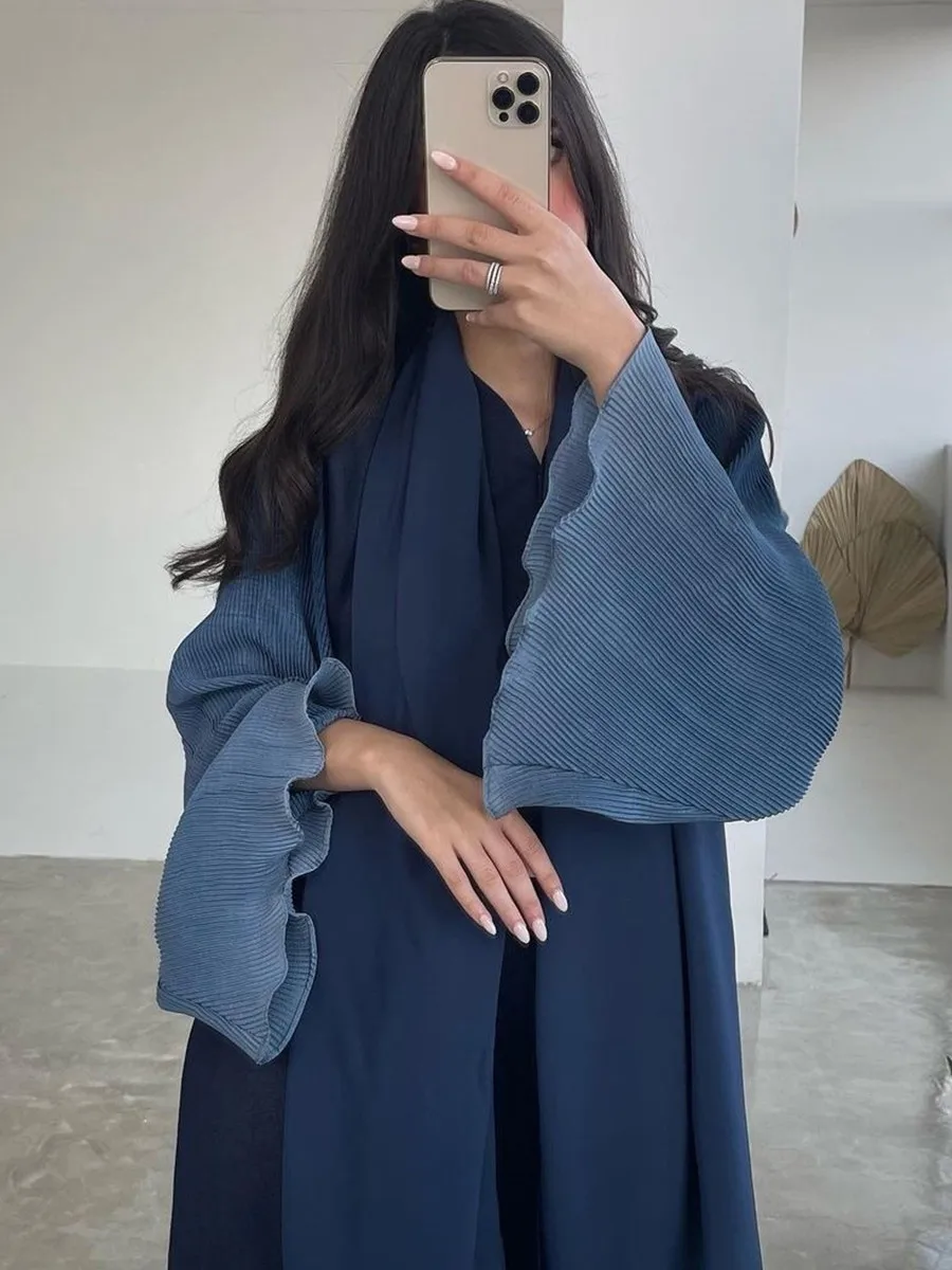 

Muslim Women Kaftan Arabic Dubai Abaya Modest Ramadan Robe Femme Chiffon pleated Kimono Cardigan Long Dress Islamic Clothing