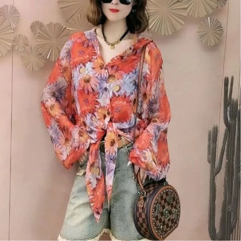 Fashionable Women\'s Blouses 2024 Summer New Beachy Commute Plant&Flowers Printed Hooded Button Bandage Long Sleeve Loose Shirts