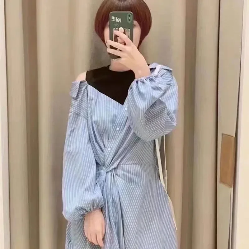 dresses woman summer 2021 blue stripes patchwork waist elegant long sleeve casual dress French brand Elegant dresses for women