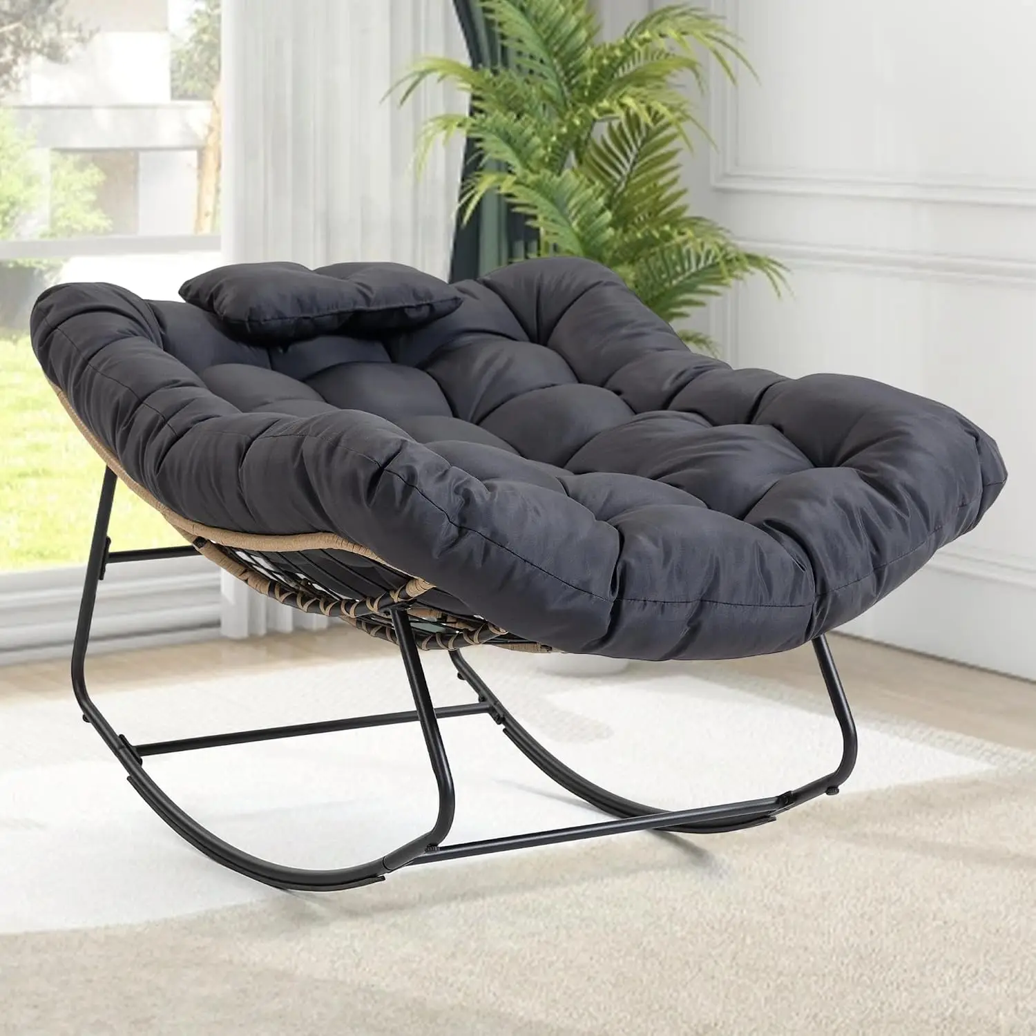 Set of 2 Upholstered Rocking Chair, Oversized Wicker Egg Rocker with Thick Cushion and Head Pillow, Modern High Back Armchair - view 2