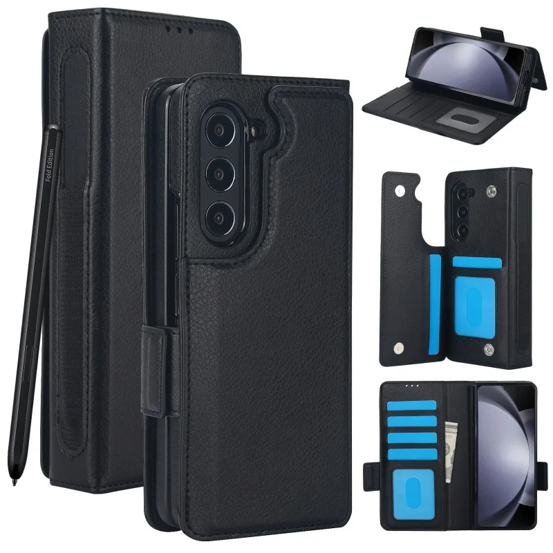 Card Slots & Pen Holder Leather Wallet Case Flip Phone Case for Samsung Galaxy Z Fold 8 Ultra 7 6 5 4 3Stand Shock Cover(No Pen)
