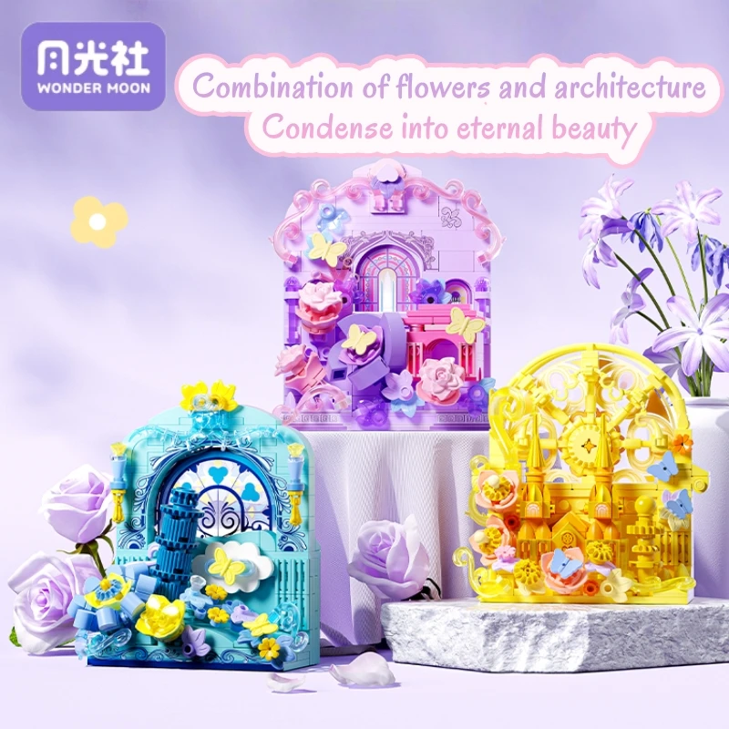 WONDER MOON ดอกไม้บล็อกอาคารสถาปัตยกรรม Series ฉากศิลปะประกอบตู้เย็นแม่เหล็กดอกไม้นิรันดร์ชุดเครื่องประดับของขวัญ