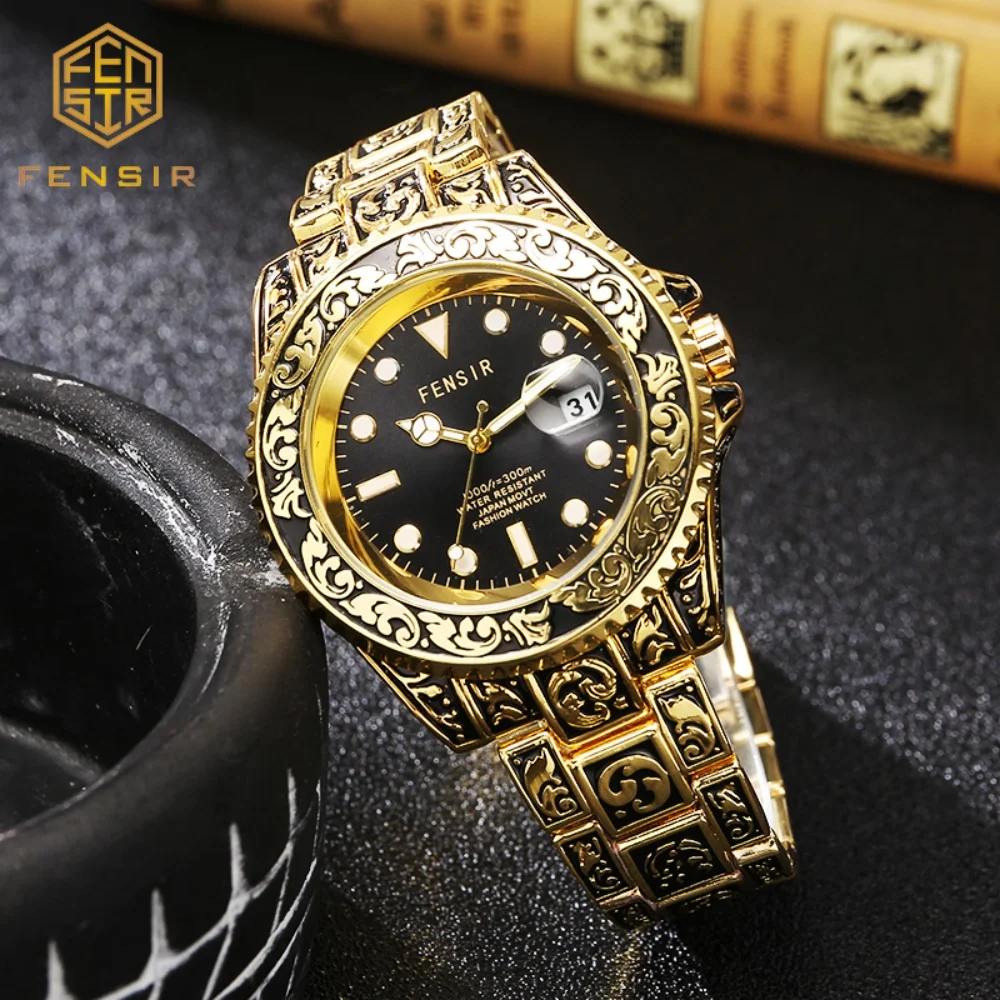 Fensir Retro Carved Men's Quartz Watch, Business Calendar Waterproof Wristwatch, Classic Popular Men's Watch, Light Luxury Embossed Design, Butterfly Clasp Strap, Fashionable Trendy Business Casual Versatile Watch, Gift for Boyfriend or Father's Birthday