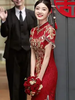 2024年新款紅色改良旗袍敬酒服中式婚紗訂婚婚禮服春秋季女士旗袍 8 最佳銷售 女式旗袍 - №6