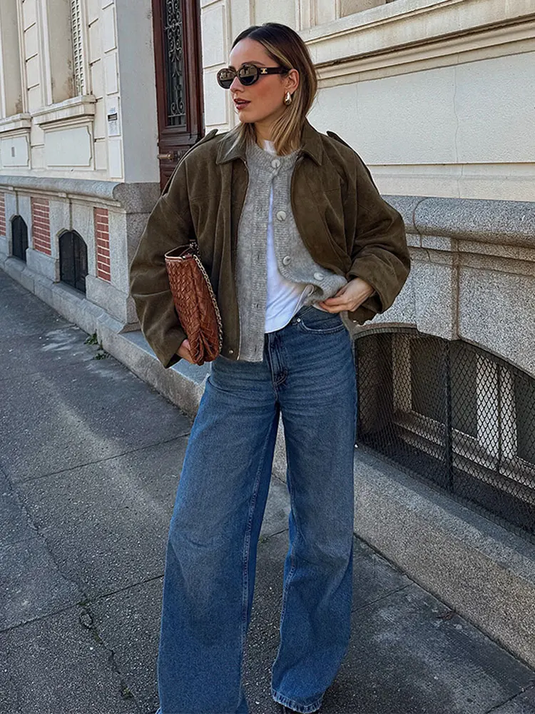 

Women's Green Suede Jacket Lapel Zipper Long Sleeve Bomber Coat with Pocket 2025 Spring Autumn New Lady Loose Motorcycle Outwear