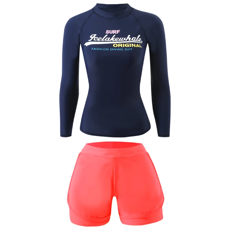 Women 2 Piece Swimwear Long Sleeve Blue Shirt Pink Shorts Beach Wear Rash Guard Quick Dry