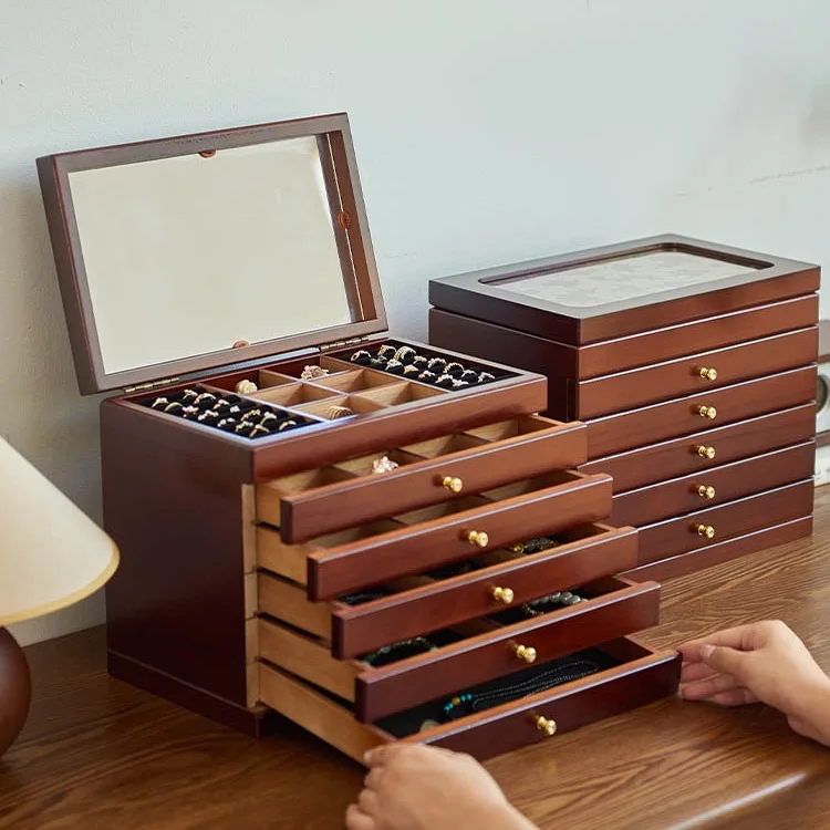 Custom Solid Wood Jewelry Box Wooden Storage Vintage Multi-layer Drawer Large Capacity Earrings Necklace Anti-oxidation view 4