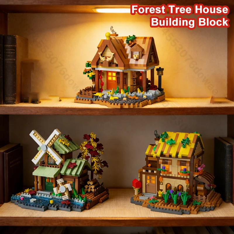 Casa del árbol del bosque, rompecabezas de cabina de bloques de construcción, vista a la calle, modelo de ensamblaje DIY, ladrillos, juguetes educativos para niños, regalos de navidad