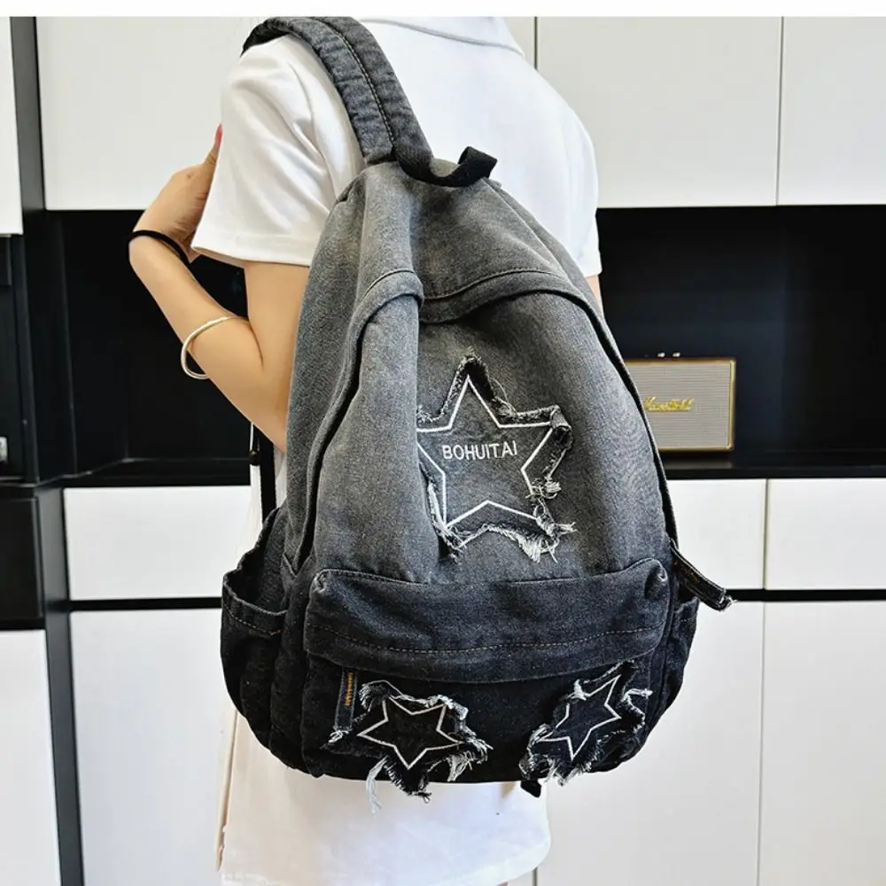 Retro Large Capacity Denim Backpacks Multi-Pocket Structure Denim Material Travel Bag Multi-functional Daypack Student