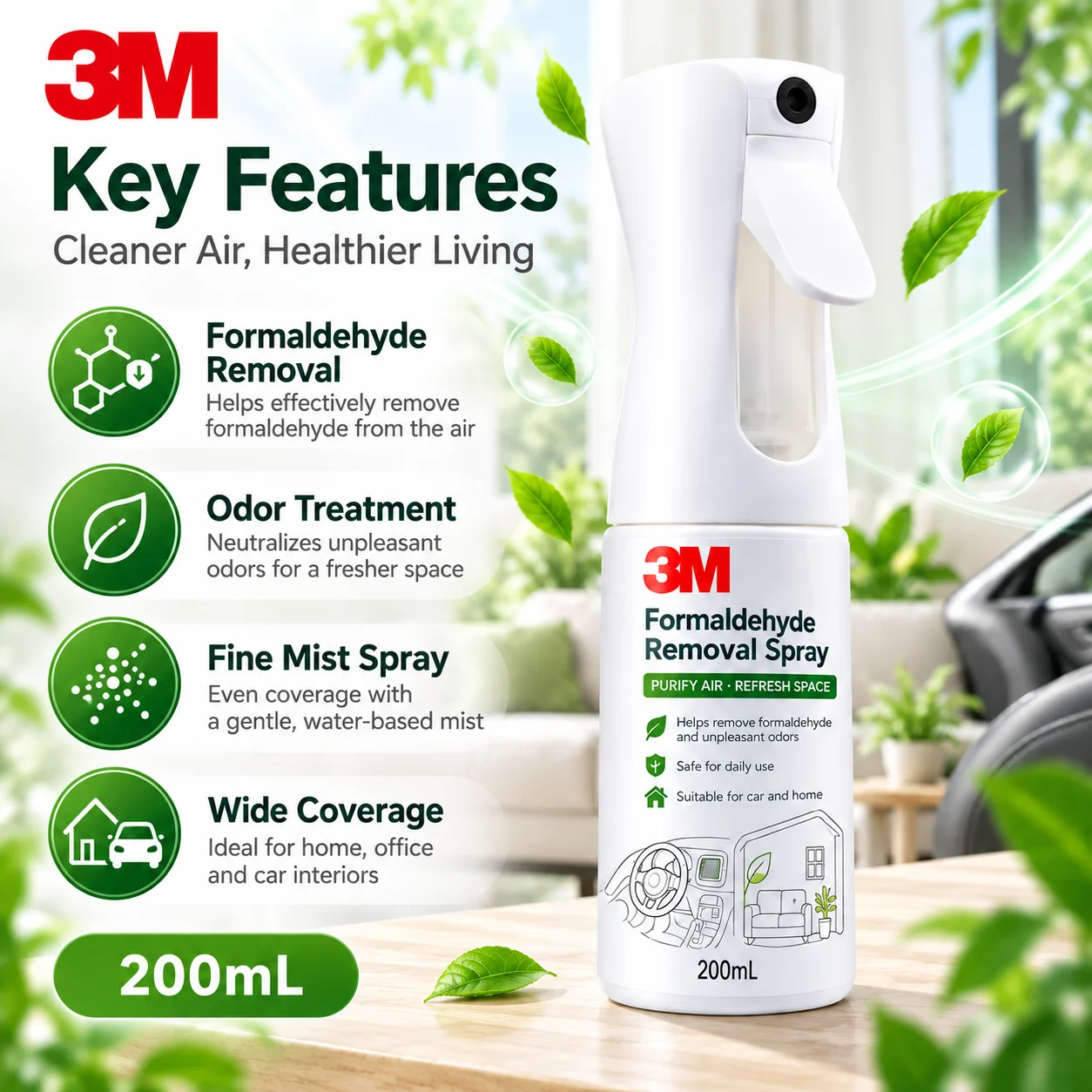 3M Formaldehyde Removal Spray Fine Mist Odor Treatment Air Care For Car Interior Home Furniture New Cars Homes 200mL