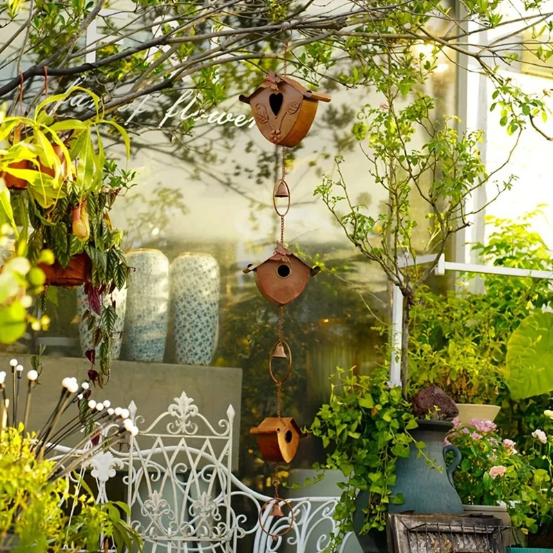 New Gold Bird Houses Rain Chain For Heavy Rain, Functional & Decorative Replacement Downspout Chain For Outside Rainchain