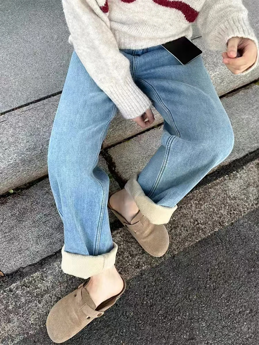 

Джинсы больших размеров на флисовой подкладке, женские зимние свободные прямые брюки с высокой талией и широкими штанинами