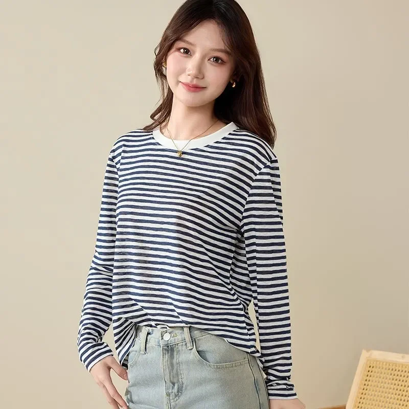 

Womens Striped Long Sleeve T Shirt Summer Sheer Loose Casual Sun Protection Top