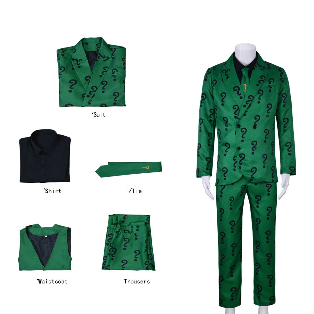 Halloween Carnival Clothes Cosplay Villains Riddler Cosplay Costume Joker Outfit with Hat Adult Men Green Jacket SUIT