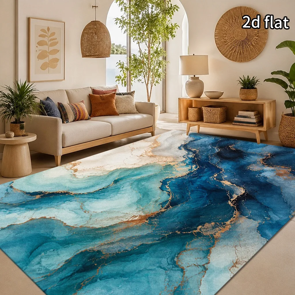 Modern Marble Fluid Floor Carpet, Deep Blue Agate With Shimmering Gold Vein Pattern Print, Large Area Rug for Living Room