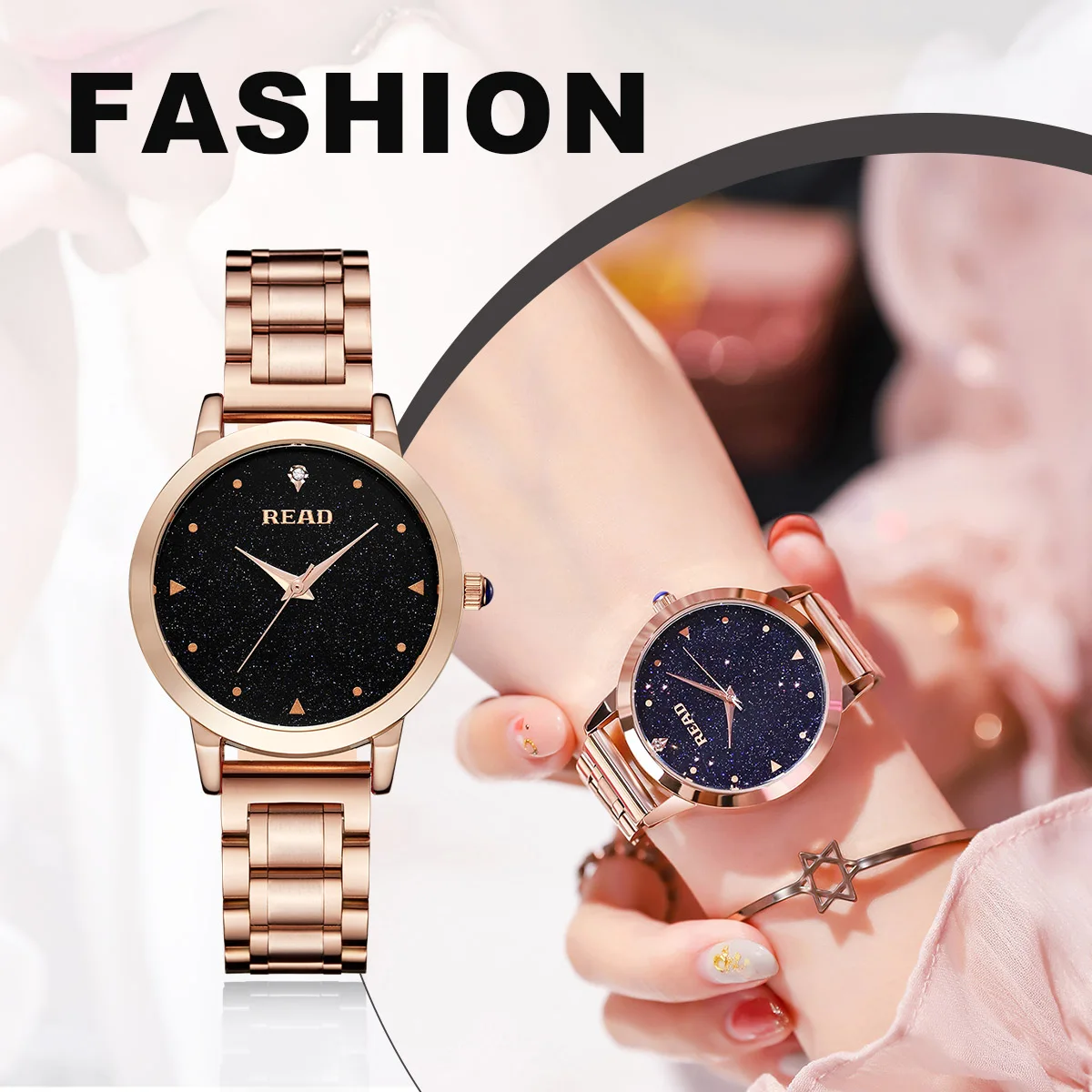 READ Women Quartz Wrist Watch | Black Glitter Starry Dial | Rose‑Tone Stainless Steel Bracelet | Daily Water Resistant