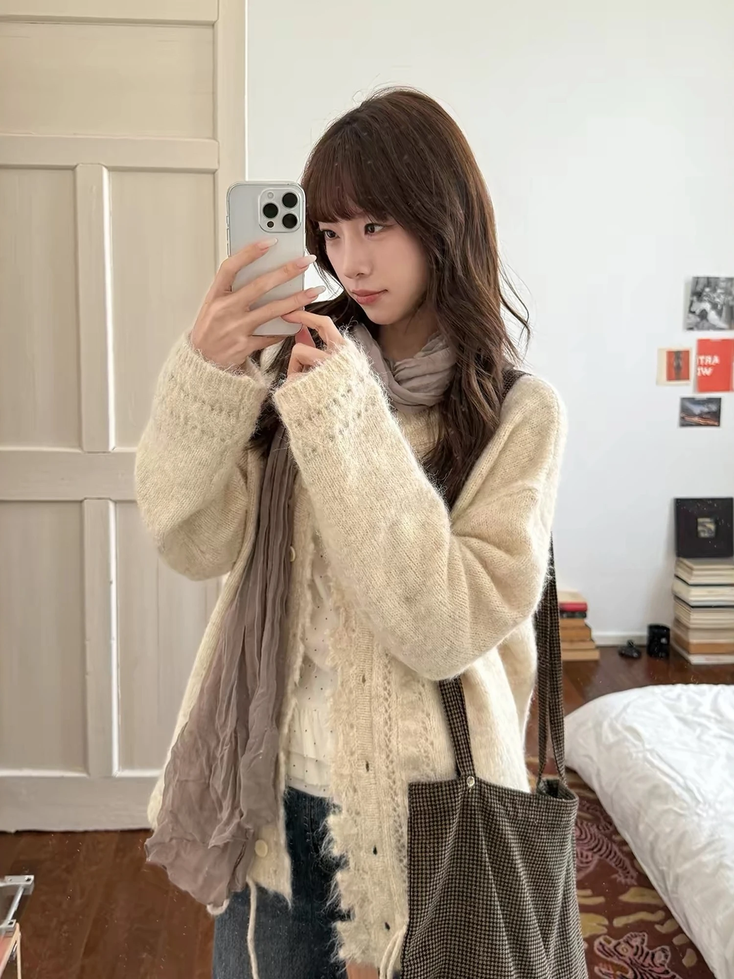 Retro Hollow out Sweater Cardigan Women's Loose Lazy Knitted Top Drawstring Autumn Winter New Style French Style Soft Long Sl...
