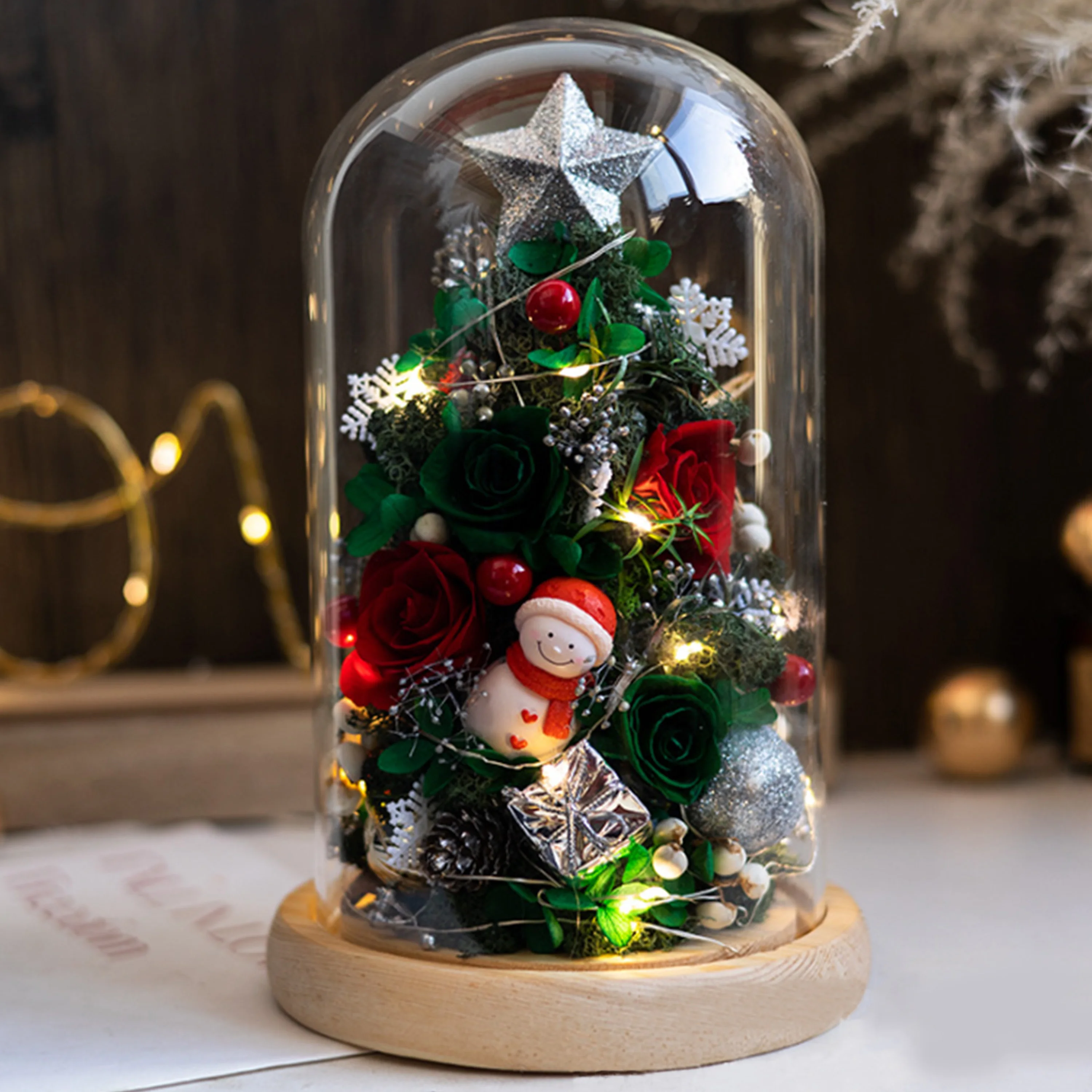 Real Flower in Glass Dome, Christmas Tree Decorion Ornaments, Eternal Rose with Hydrangea Moss Led Lights,Valentines Day Gifts