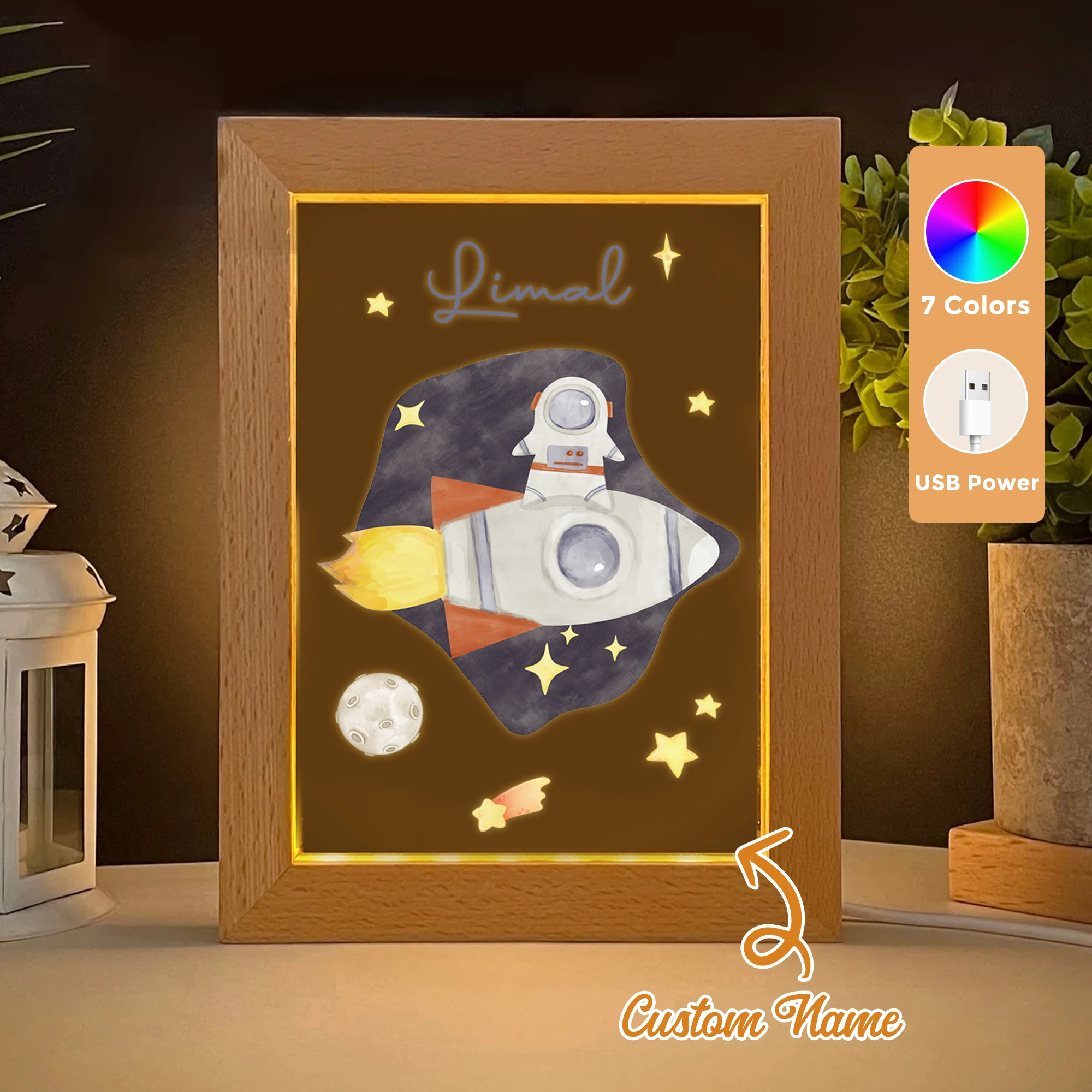 

2D Flat Custom Name Rocket Astronaut LED Acrylic Night Light Wood Photo Frame 21x17cm Cartoon Children Bedroom Gifts Home Decor