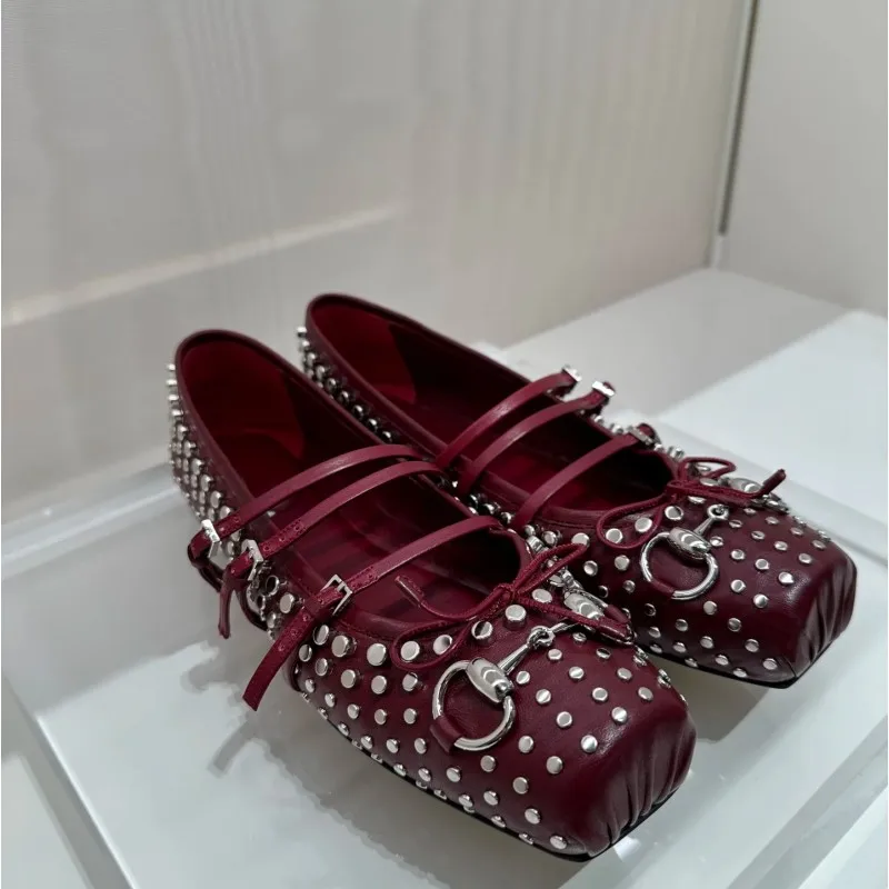 Women\'s New Ballet Fashion Flat Bottomed Square Toe Single Shoes With Metal Rivets/Buckles/Bows/Burgundy Brown Banquet Shoes