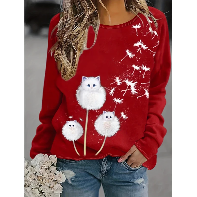 Fashion Cute Cat Dandelion Sweatshirts Floral 3D Print Women New Crew Neck Hoodies Long Sleeve Y2k Pullovers Top Odzież Damska