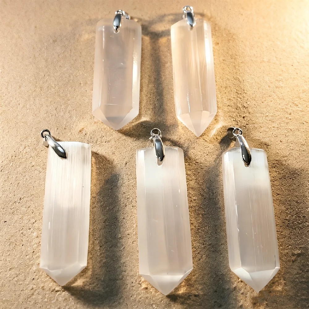 Silver Plated Bail Natural Selenite Hexagonal Crystal Point Charms DIY Necklace Accessories Spiritual Healing Women Gift P2D110