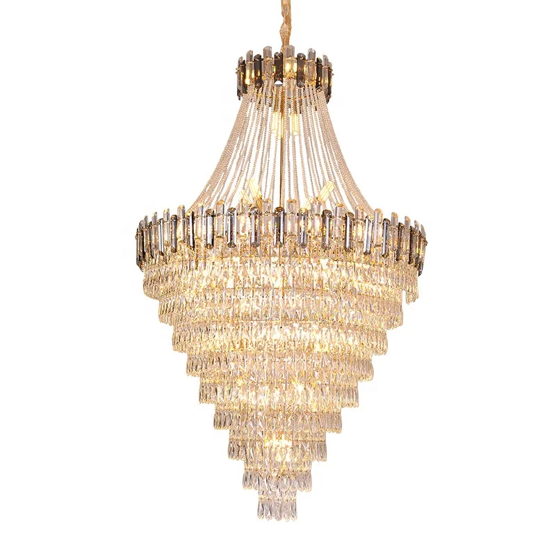 Large luxury modern gold crystal chandelier with LED dimmer, suitable for staircase and villa hotel decoration