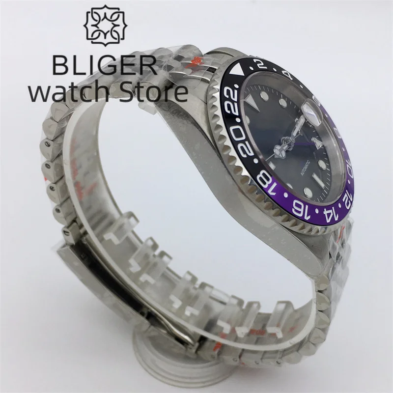 BLIGER 40mm NH34 GMT Watch For Men Mechanical Wristwatch Gray Dial Purple GMT Hand Sapphire Glass 904L Bracelet Reloj Hombre