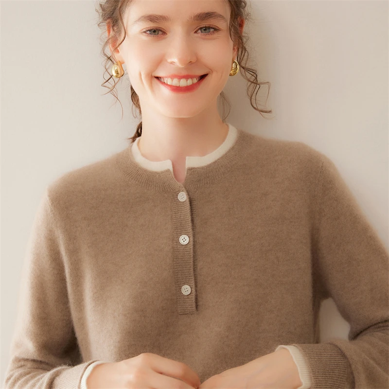 Luxurious Minimalist Double Layer round Neck Knitted Sweater for Women Baby Cashmere Shirt Color Block Base Shirt New Model