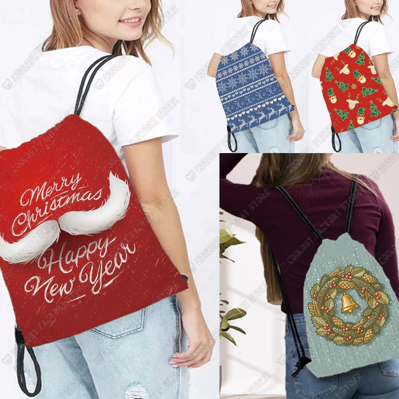 Merry Christmas Print Borsa Con Coulisse Zaino Di Babbo Natale Borsa Per Libri Di Canna Di Zucchero Misletoe Christmas Red Plaid Elk Shoe Holder-image
